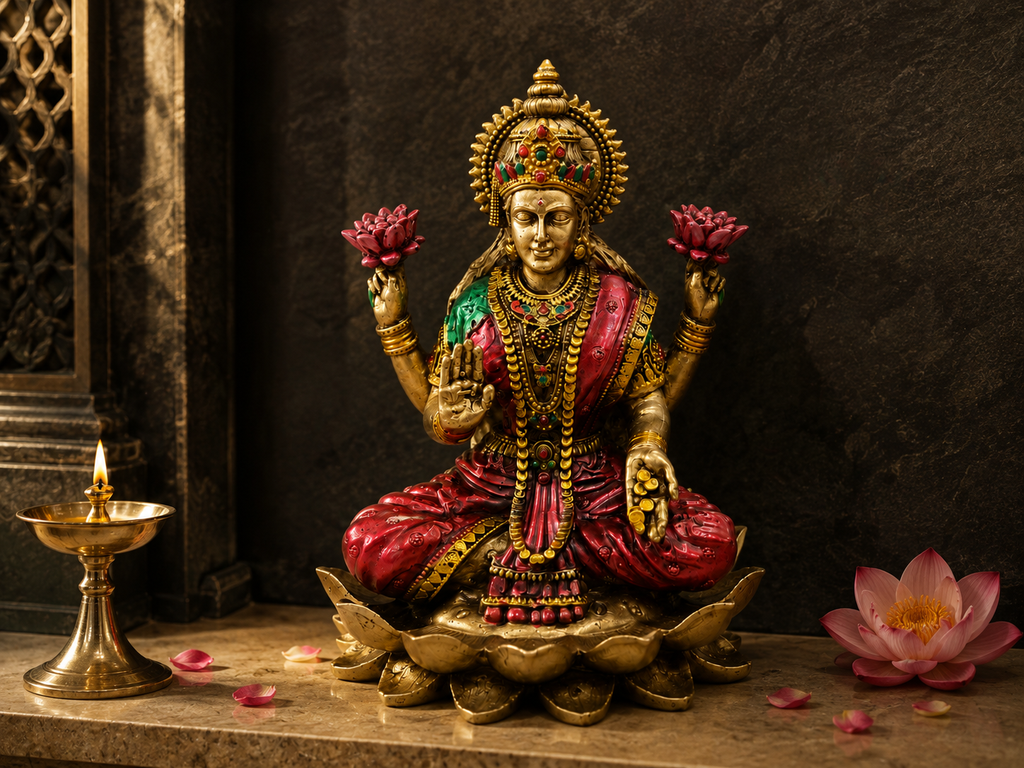 Lotus Abundance Lakshmi idol against a dark stone shrine backdrop beside a lit lamp and pink lotus