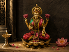 Lotus Abundance Lakshmi idol against a dark stone shrine backdrop beside a lit lamp and pink lotus