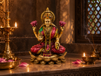 Lotus Abundance Lakshmi idol in a warm lamplit prayer setting with flowers and incense