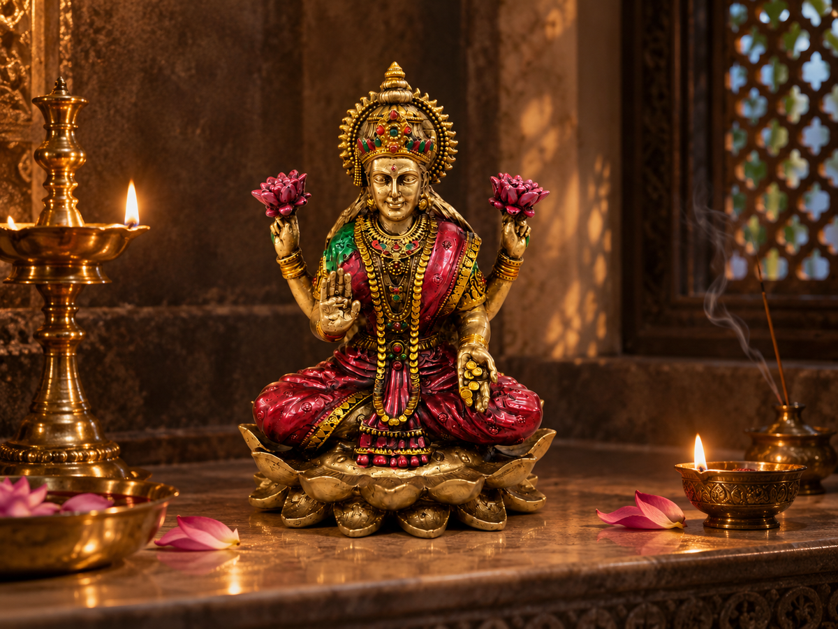 Lotus Abundance Lakshmi idol in a warm lamplit prayer setting with flowers and incense