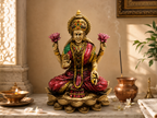 Lotus Abundance Lakshmi idol on a sunlit marble prayer shelf beside a lamp, flowers and a copper-coloured vessel