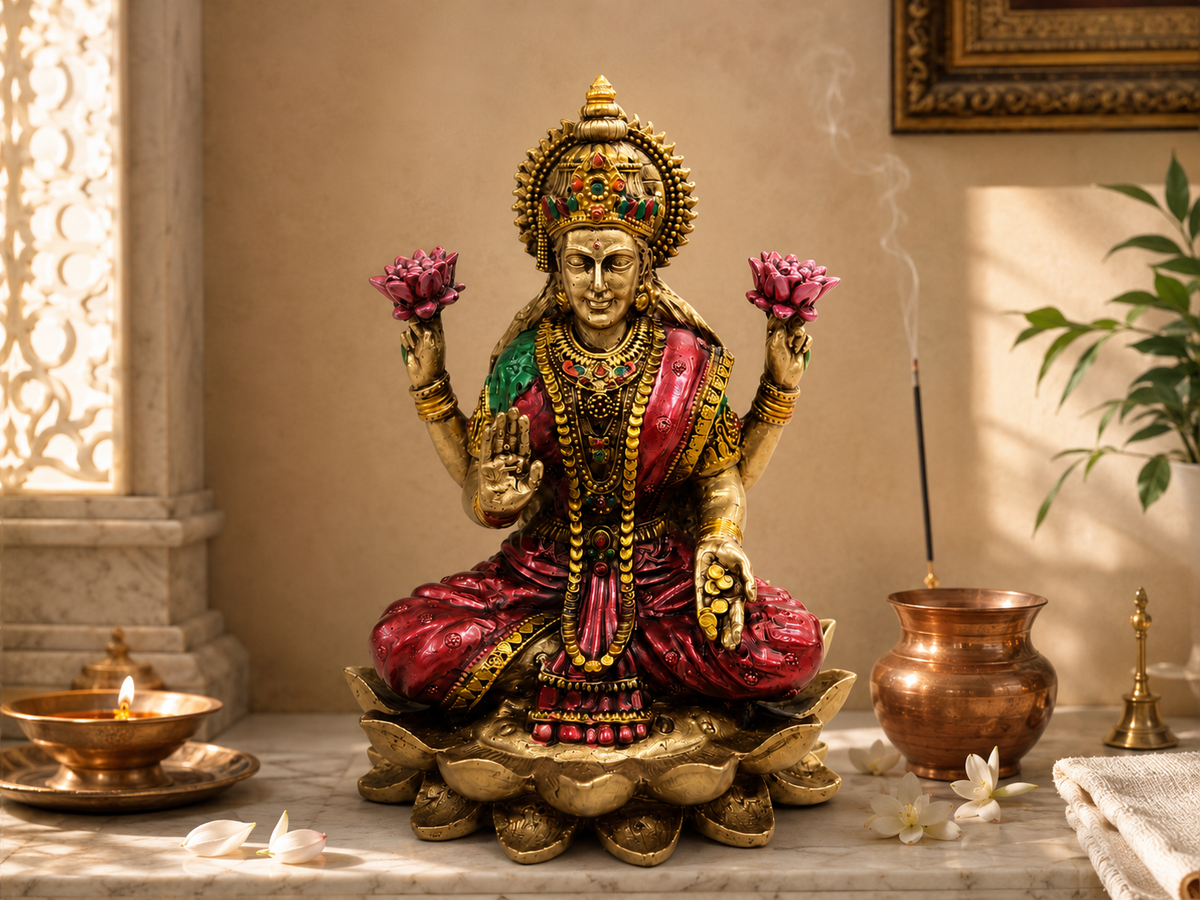 Lotus Abundance Lakshmi idol on a sunlit marble prayer shelf beside a lamp, flowers and a copper-coloured vessel