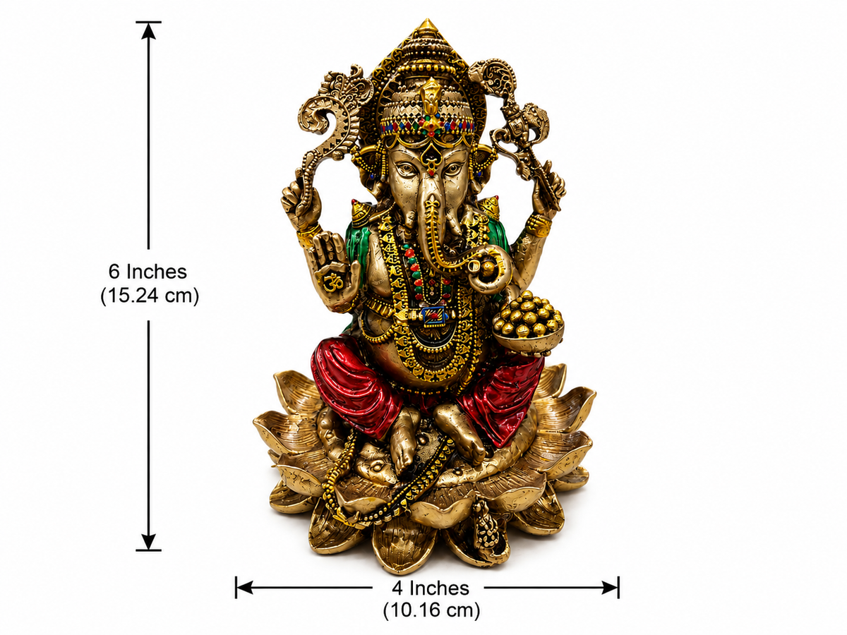 Ganesha idol dimension image showing 6 inches in height and 4 inches in width, 15.24 by 10.16 cm