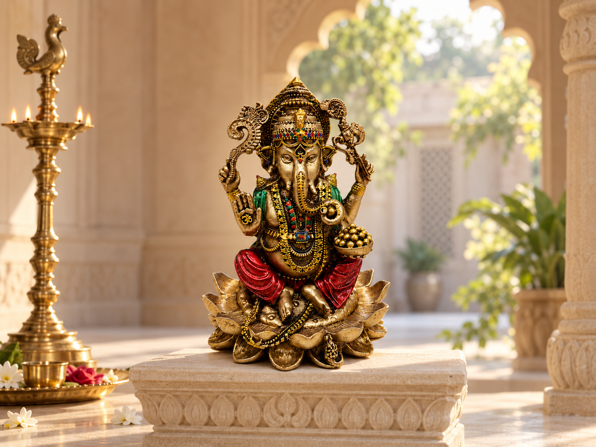 Lotus Blessings Ganesha idol on a carved stone pedestal in a bright courtyard beside a tall lamp