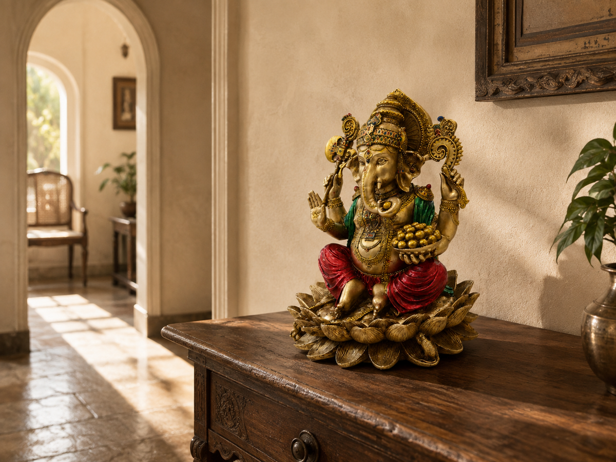 Ganesha idol displayed on a carved wooden console in a sunlit room