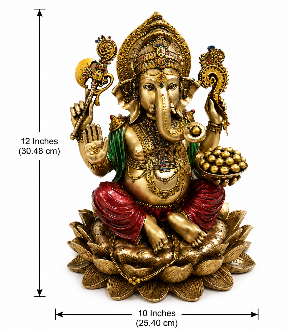 Ganesha idol dimensions showing 12 inches high by 10 inches wide, 30.48 by 25.40 cm