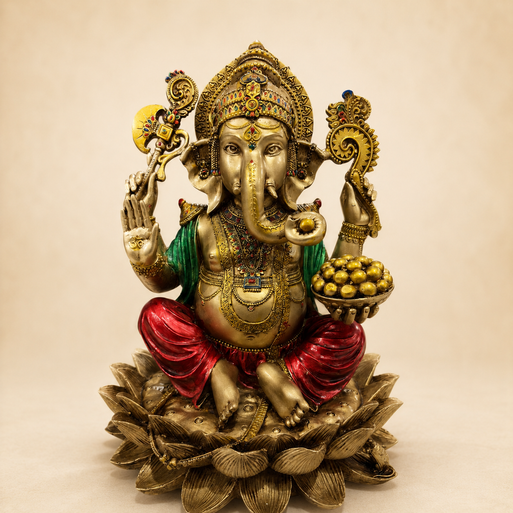 Ganesha idol seated on a layered lotus base, holding a bowl of sweets, with gold-tone finish, red dhoti and green shawl, front view