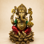 Ganesha idol seated on a layered lotus base, holding a bowl of sweets, with gold-tone finish, red dhoti and green shawl, front view
