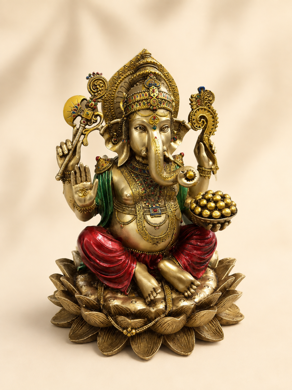 Full view of the seated Ganesha idol showing its ornate crown, halo, blessing hand and bowl of sweets