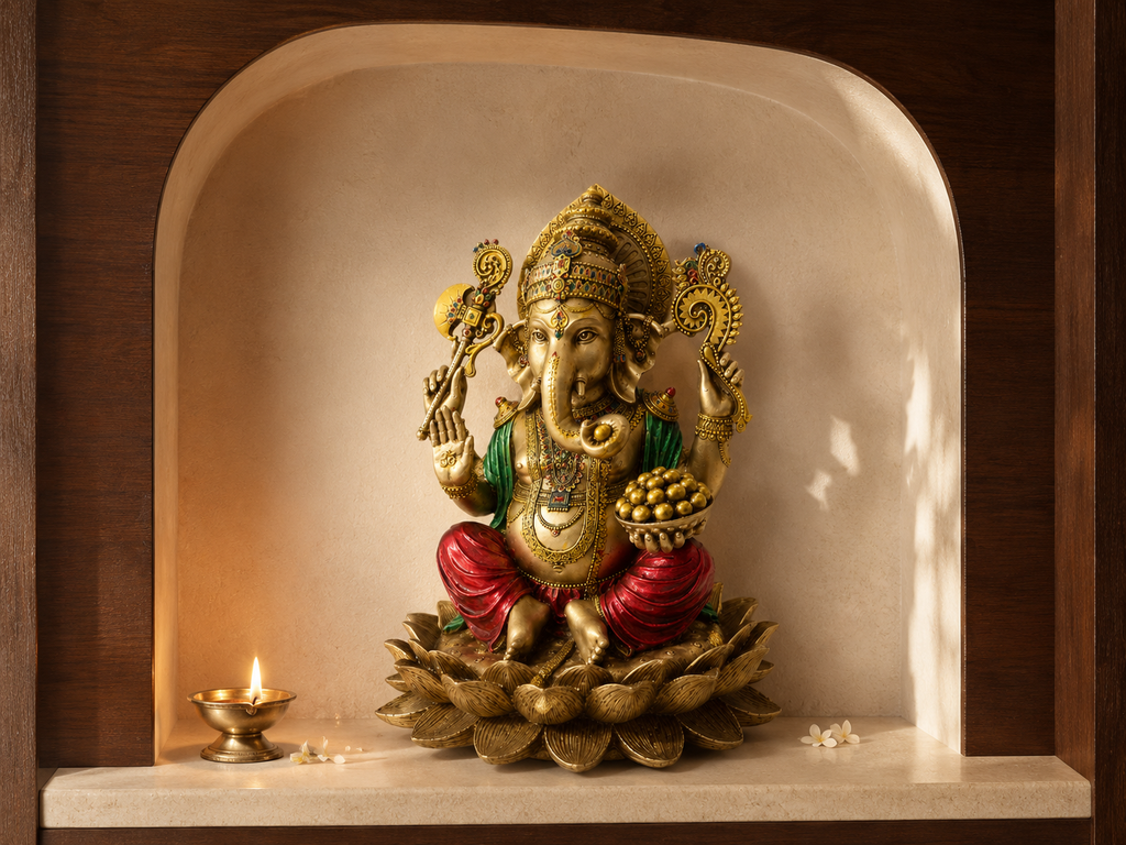 Ganesha idol with a bowl of sweets displayed in an arched prayer niche beside a diya