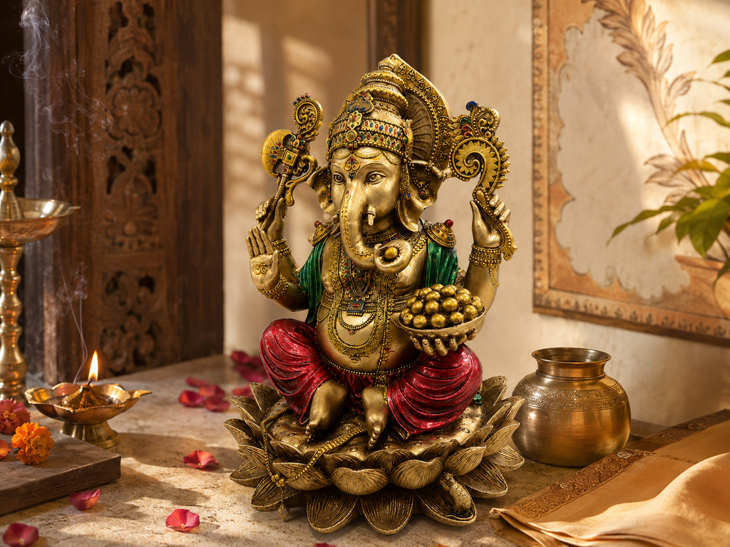Ganesha idol on a lotus base in a prayer setting with lamps, flowers and decorative vessels