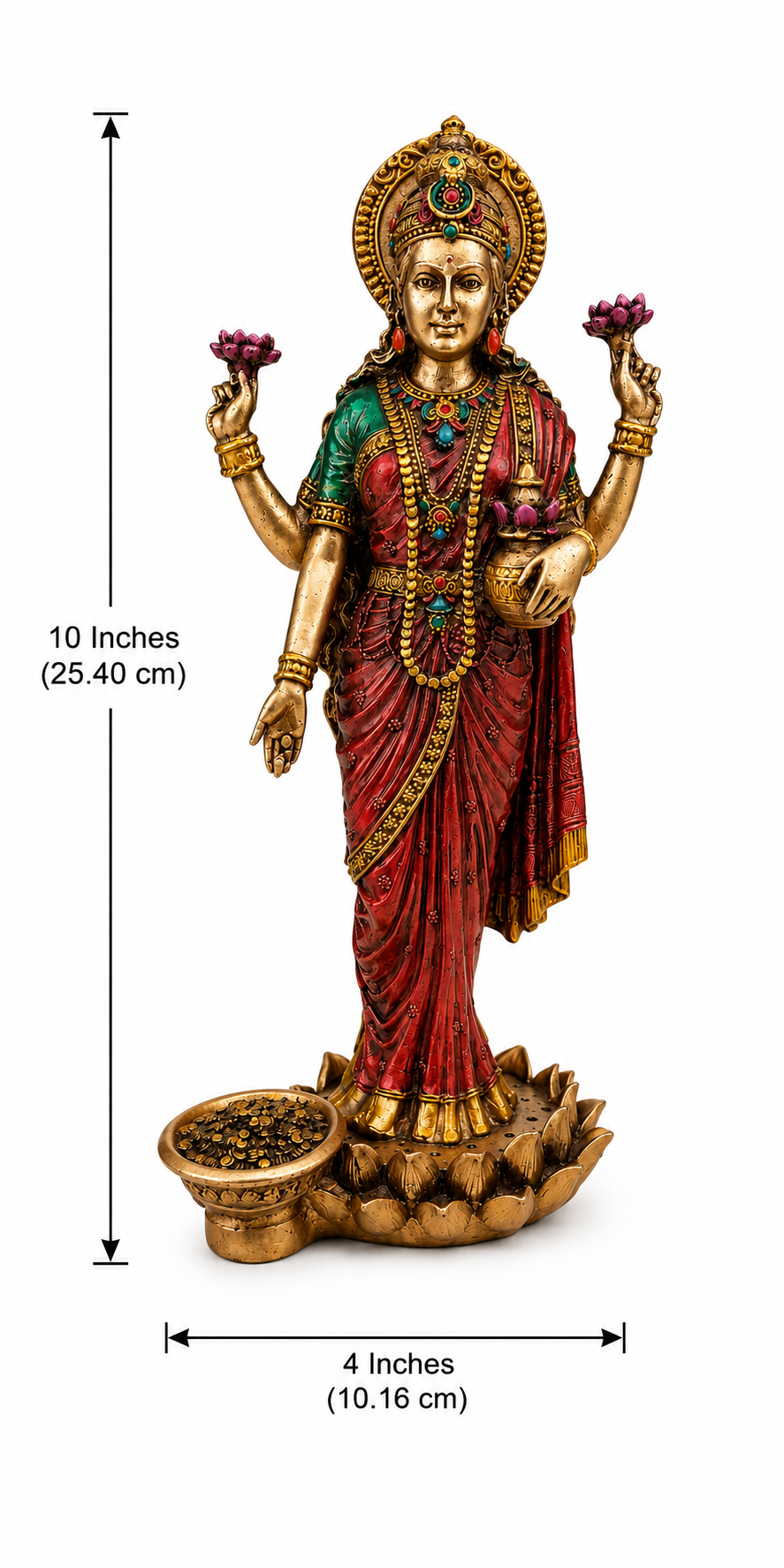Lakshmi idol dimension image showing 10 inches in height and 4 inches in width, 25.40 by 10.16 cm