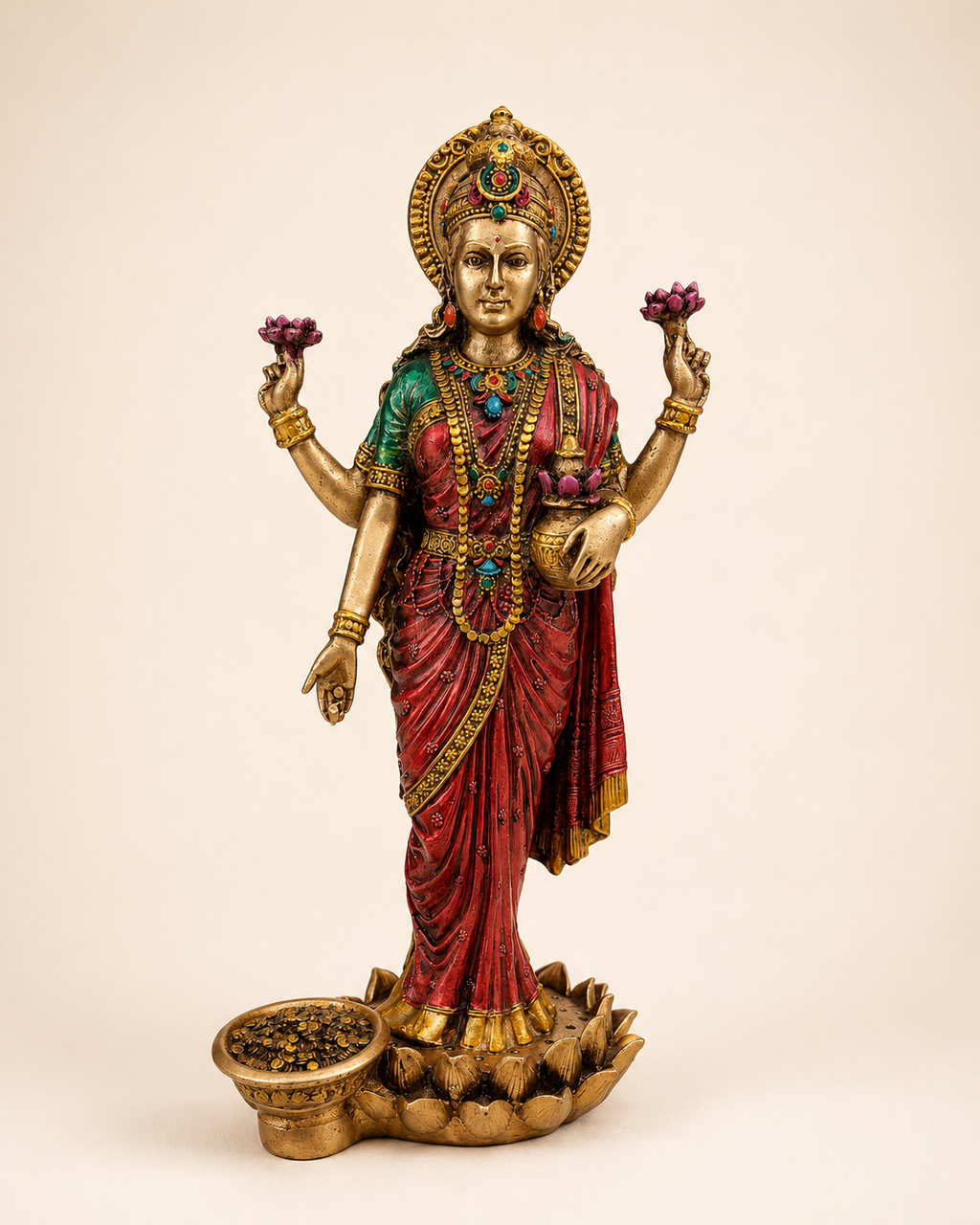 Lotus Grace Lakshmi idol with an antique gold-tone finish, red sari, lotus flowers and a coin-bowl detail, front view