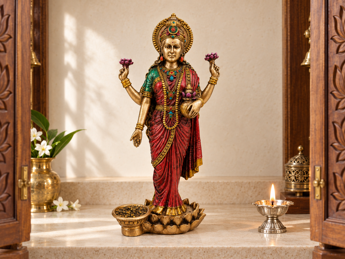 Lotus Grace Lakshmi idol displayed in a wooden home mandir