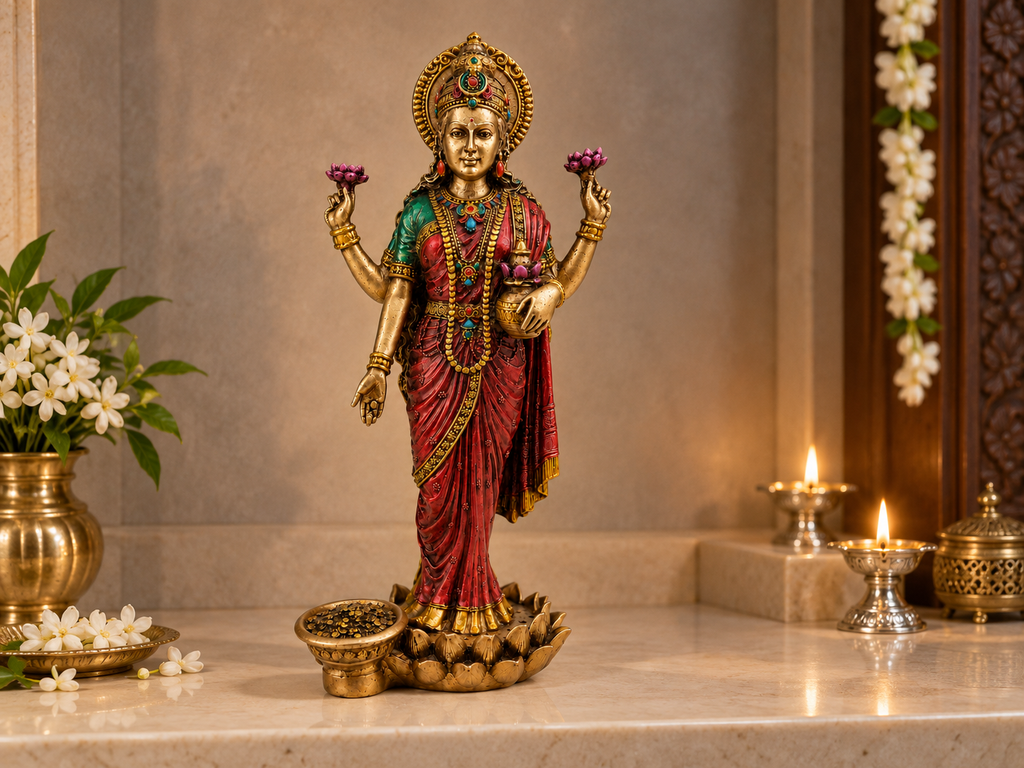 Antique gold-tone Lakshmi idol on an ivory-coloured altar with floral and diya styling