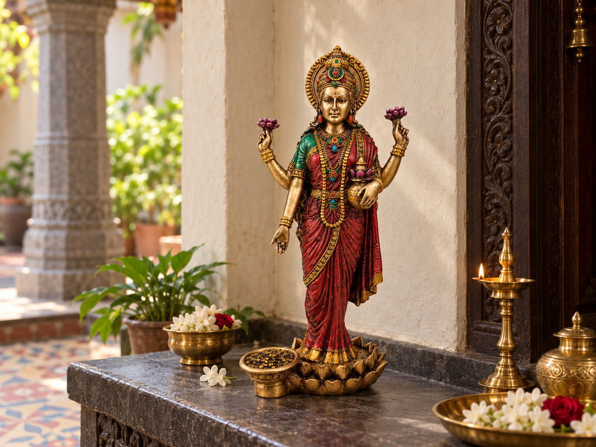Lotus Grace Lakshmi idol styled in a heritage prayer alcove beside flowers and a diya