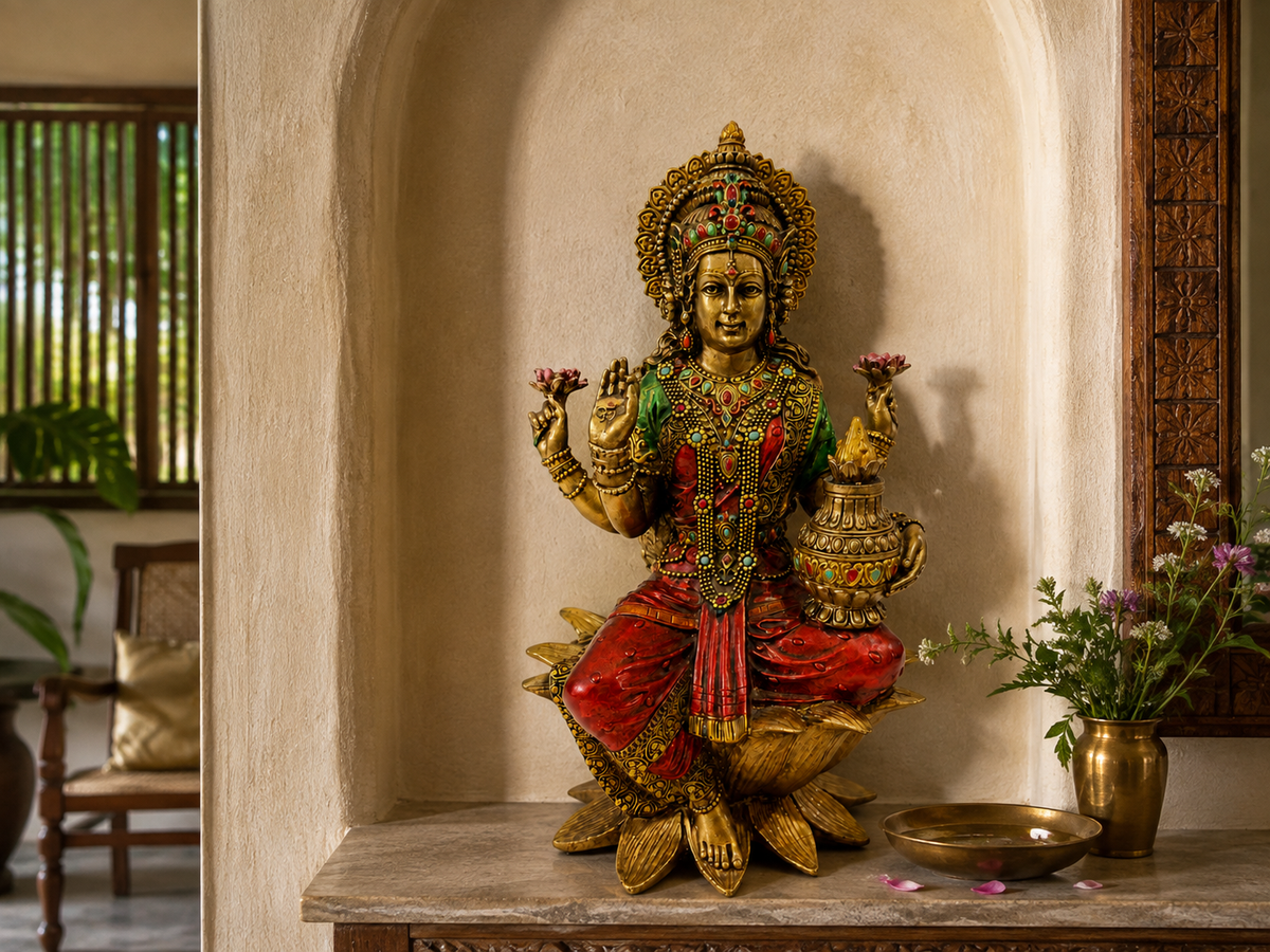 Lakshmi idol on a lotus pedestal displayed on a wooden console beside flowers and a decorative bowl