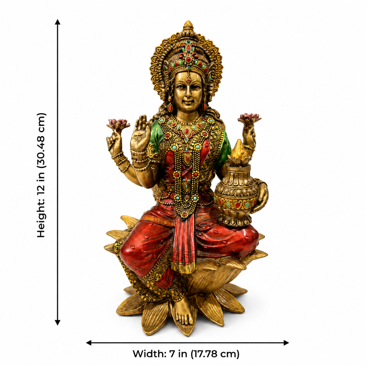 Lakshmi idol dimensions showing 12 inches high by 7 inches wide, 30.48 by 17.78 cm