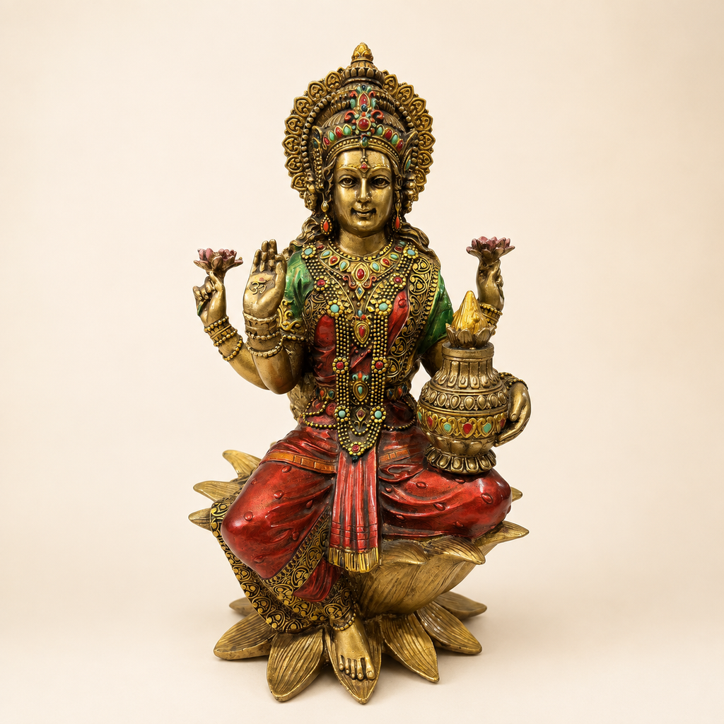 Lakshmi idol seated on a lotus pedestal with a decorative kalash, gold-tone finish, red sari and green accents, front view