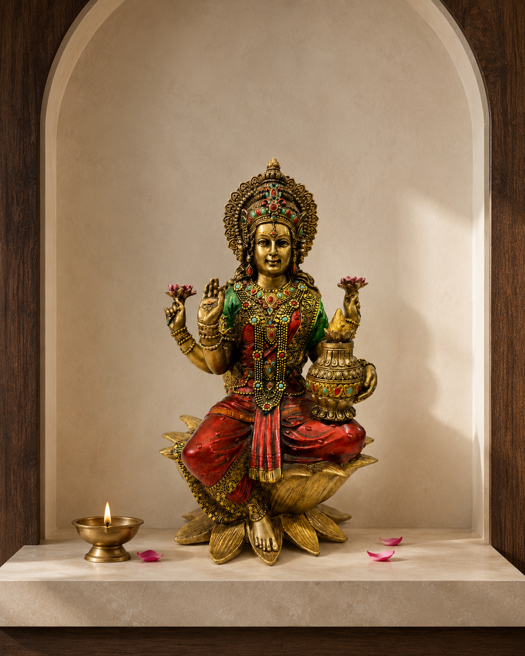 Lakshmi idol with kalash displayed in an arched prayer niche beside a diya and flower petals