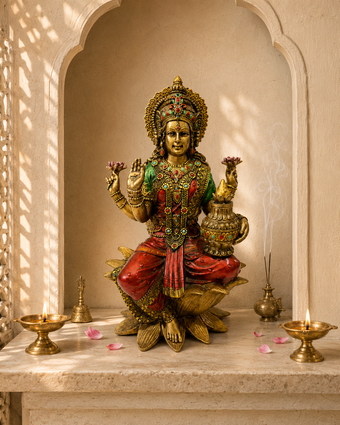 Lakshmi idol with kalash displayed in a warm shrine setting with lamps, incense and flower petals