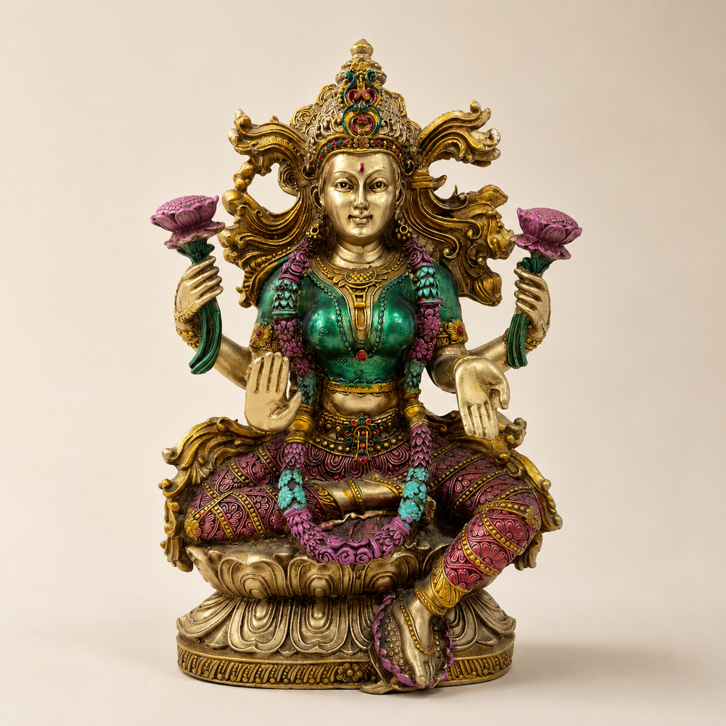 Lakshmi idol holding two pink lotus flowers, seated on a lotus pedestal with a green blouse, patterned pink garments and ornate gold-tone crown, front view