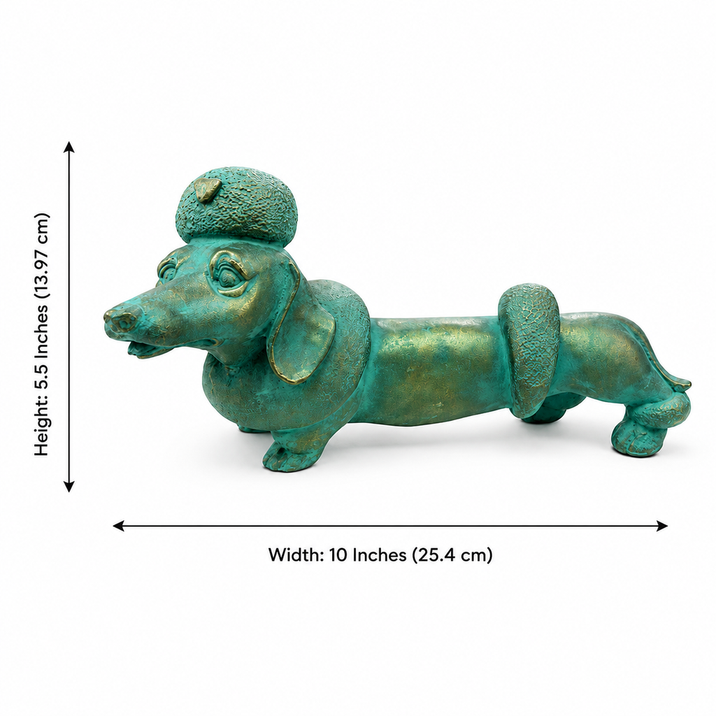 Turquoise dachshund sculpture dimensions, 10 inches wide and 5.5 inches high