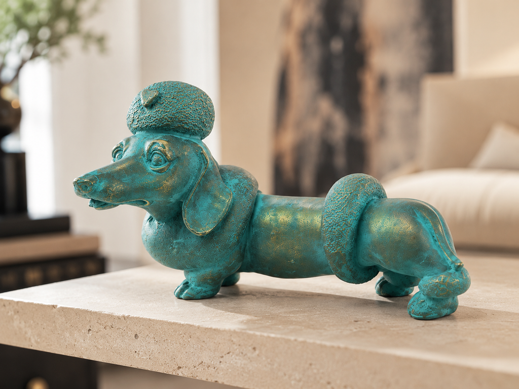 Turquoise dachshund sculpture styled on a living room console, side view