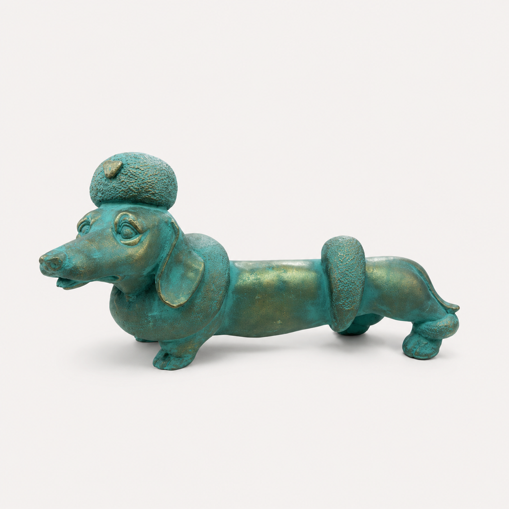Turquoise and gold dachshund decorative sculpture, side view