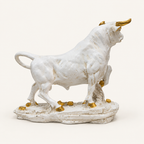 Majestic ivory and gold bull sculpture, rear three-quarter view