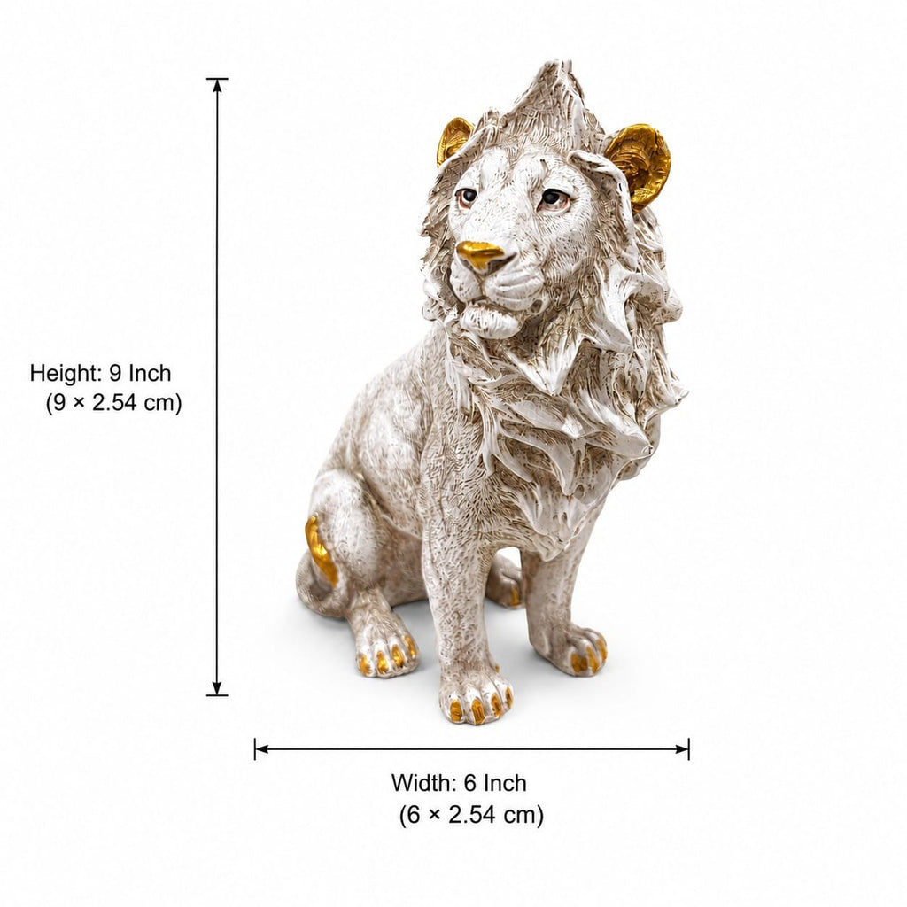 Ivory and gold lion sculpture size guide showing 9-inch height and 6-inch width