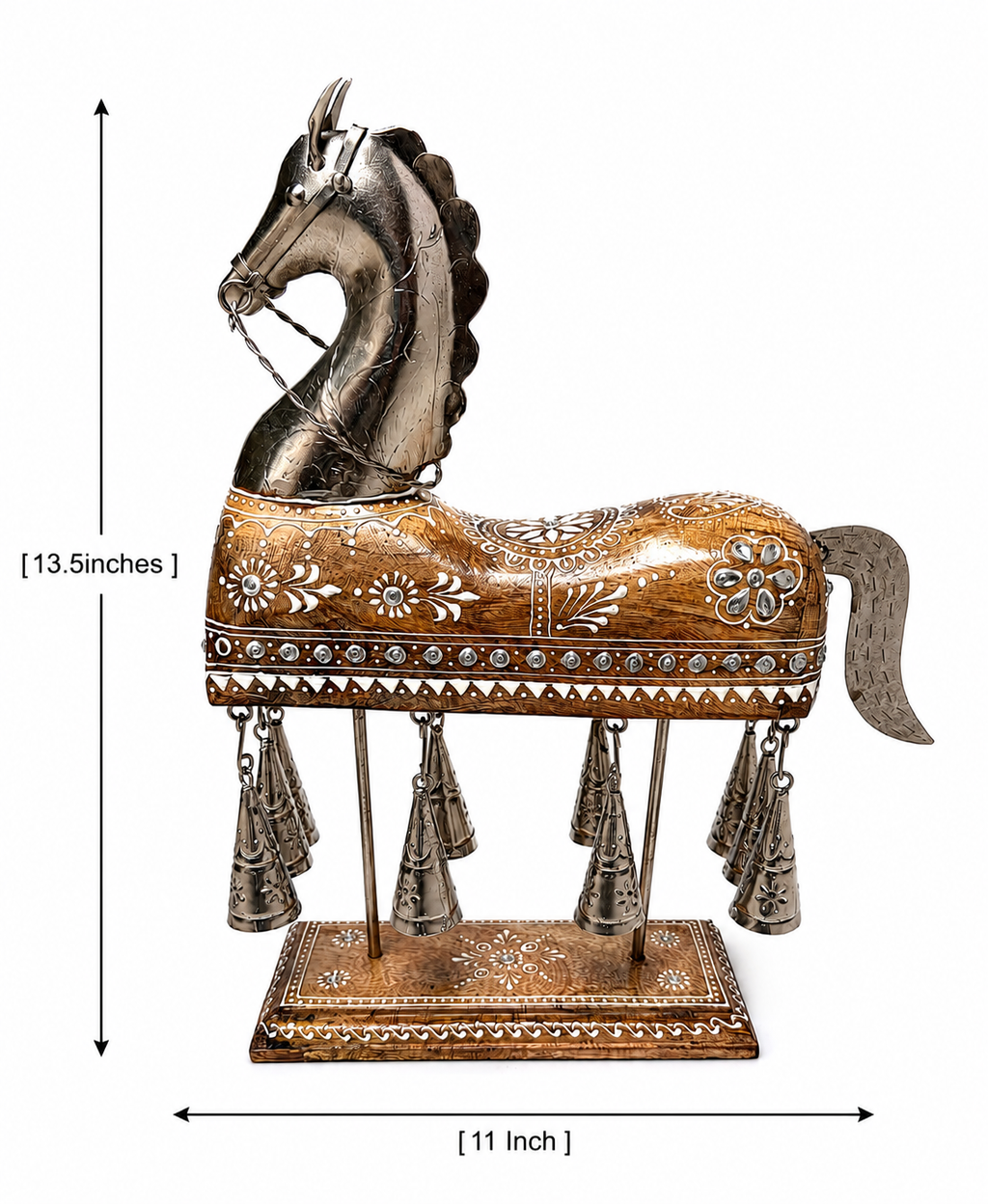 Ornate horse sculpture showing 11-inch width and 13.5-inch height