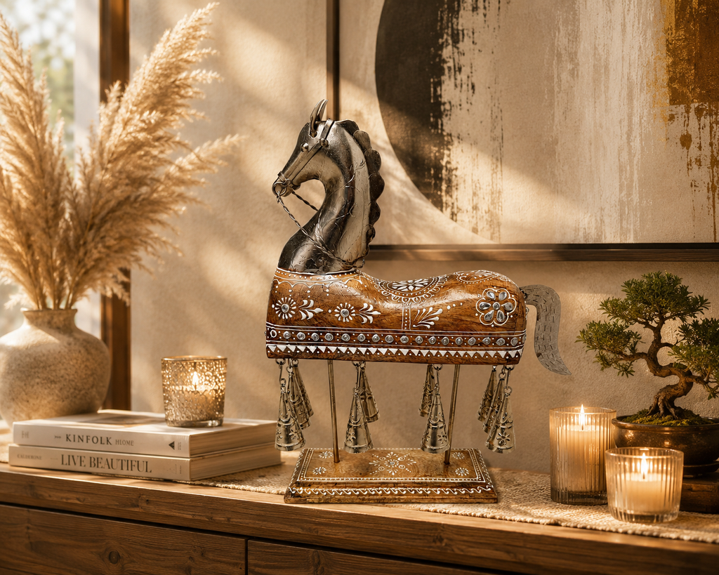 Ornate horse sculpture with hanging bells styled on a wooden console