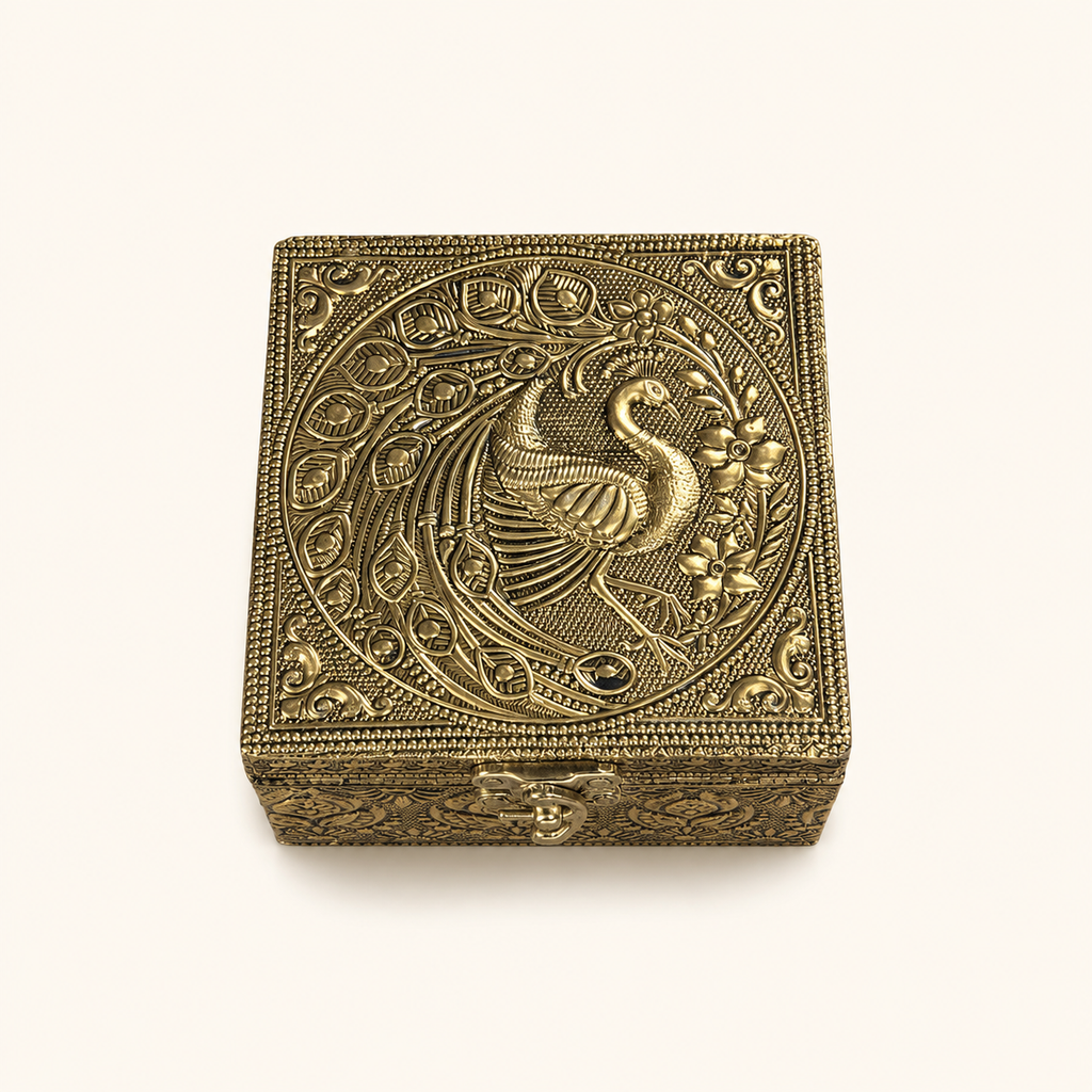 Mayur Bagh square antique gold tone jewellery box with a raised peacock and floral lid design