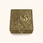Mayur Bagh square antique gold tone jewellery box with a raised peacock and floral lid design