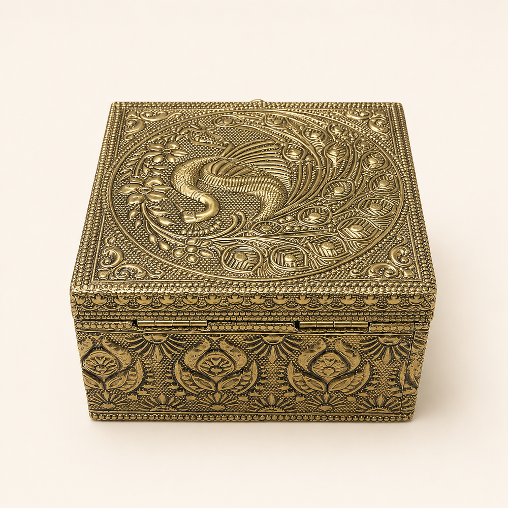 Angled rear view of the Mayur Bagh peacock box showing patterned sides and lid hinges