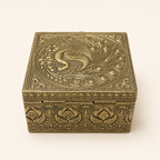 Angled rear view of the Mayur Bagh peacock box showing patterned sides and lid hinges