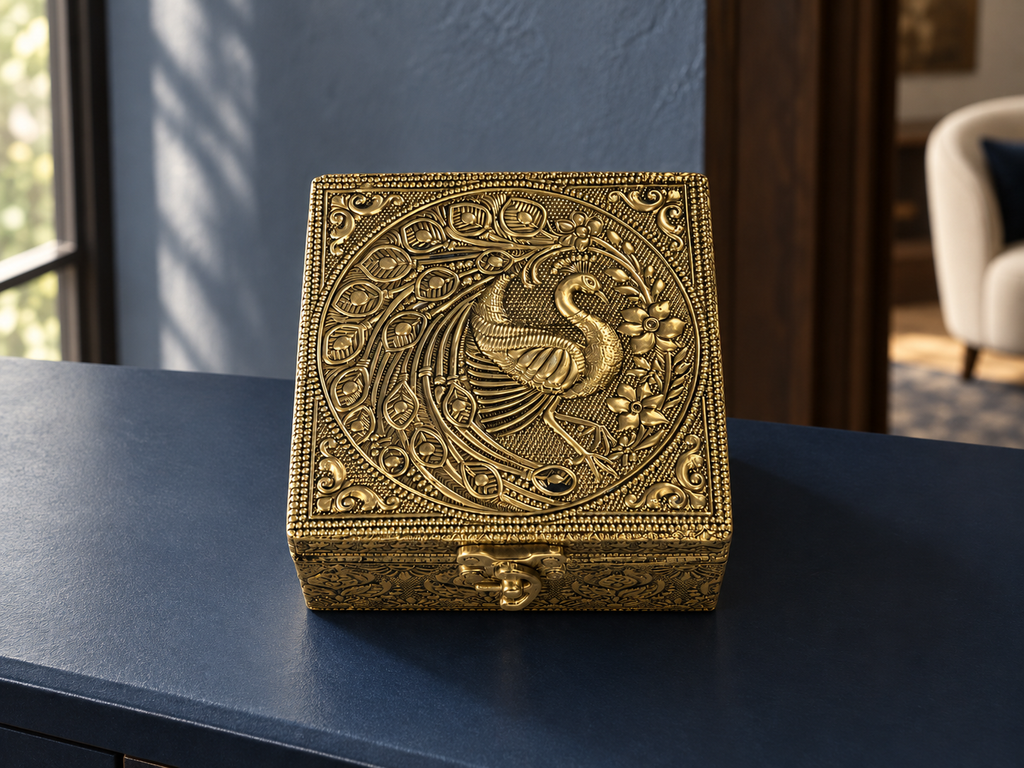 Mayur Bagh square peacock jewellery box displayed against a midnight blue study setting