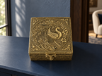 Mayur Bagh square peacock jewellery box displayed against a midnight blue study setting