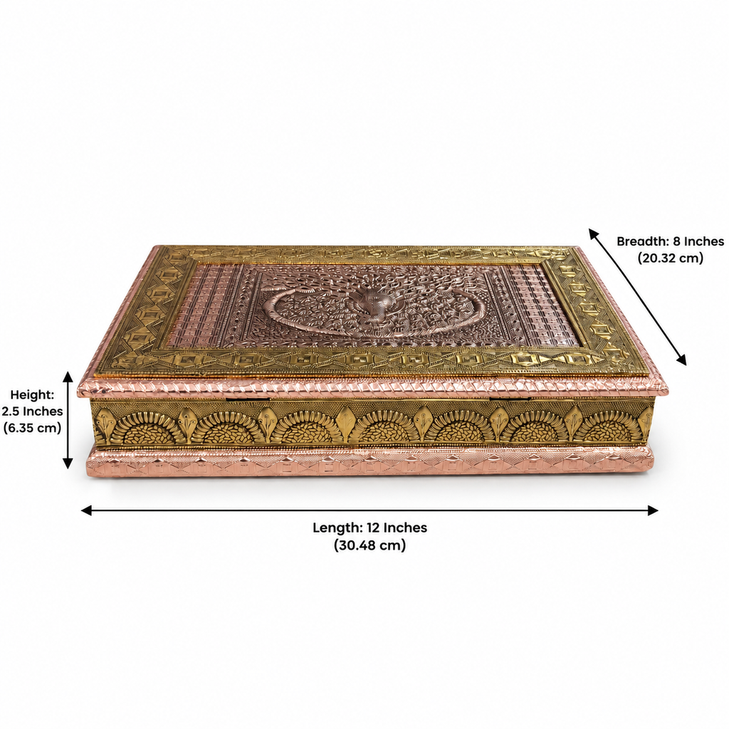 Mayur Darbar jewellery box dimensions: length 12 inches, width 8 inches, height 2.5 inches