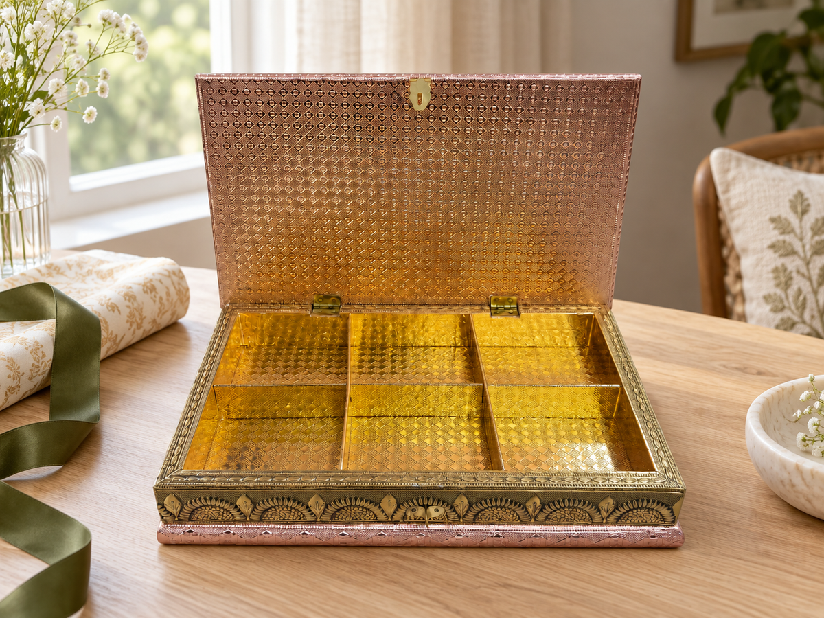 Open Mayur Darbar peacock jewellery organiser displayed beside a green ribbon and gift wrap