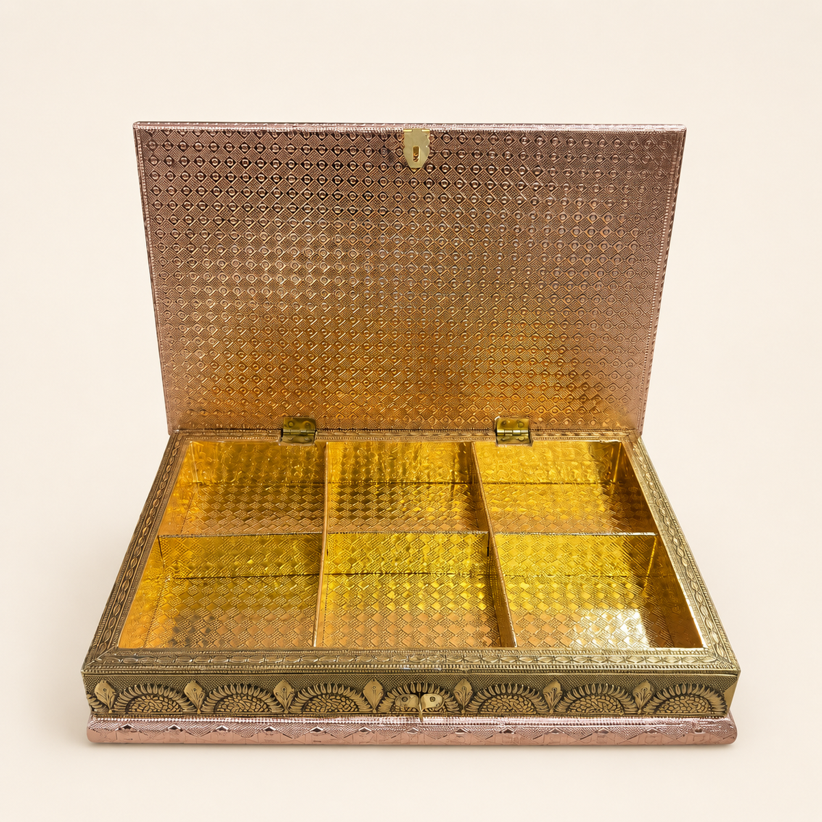 Open Mayur Darbar peacock jewellery box showing six gold-tone compartments and a patterned copper-tone lid interior
