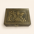 Mayura Bloom antique gold tone jewellery box with raised peacock feathers and floral lid detail