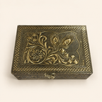 Mayura Bloom antique gold tone jewellery box with raised peacock feathers and floral lid detail