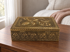 Mayura Bloom antique gold tone jewellery box styled on a walnut toned nightstand