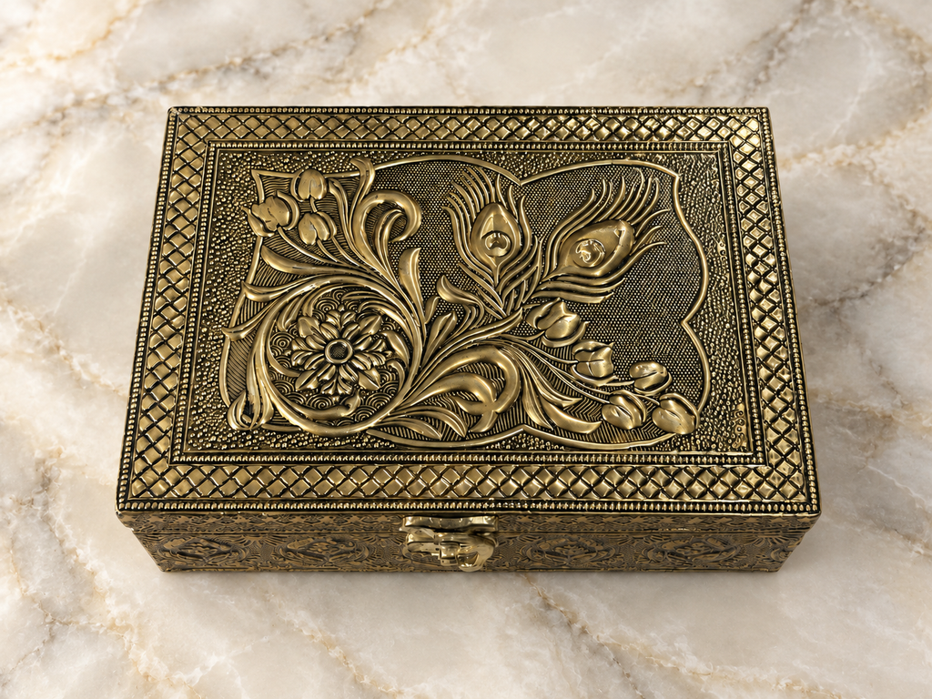 Mayura Bloom jewellery box with peacock feather and floral lid in a cream stone setting