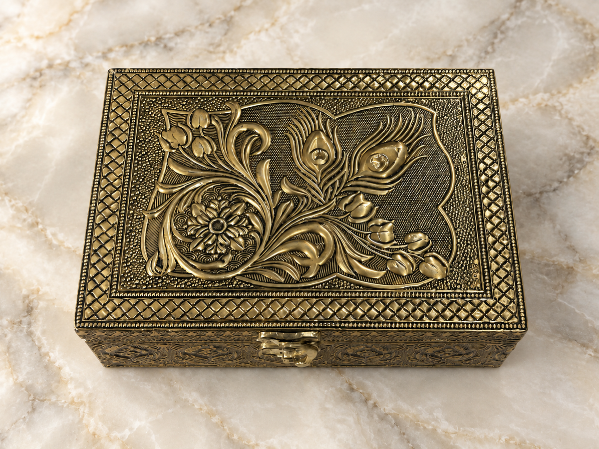 Mayura Bloom jewellery box with peacock feather and floral lid in a cream stone setting