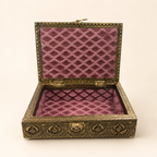Open Mayura Bloom jewellery box showing its rose coloured patterned interior and front clasp