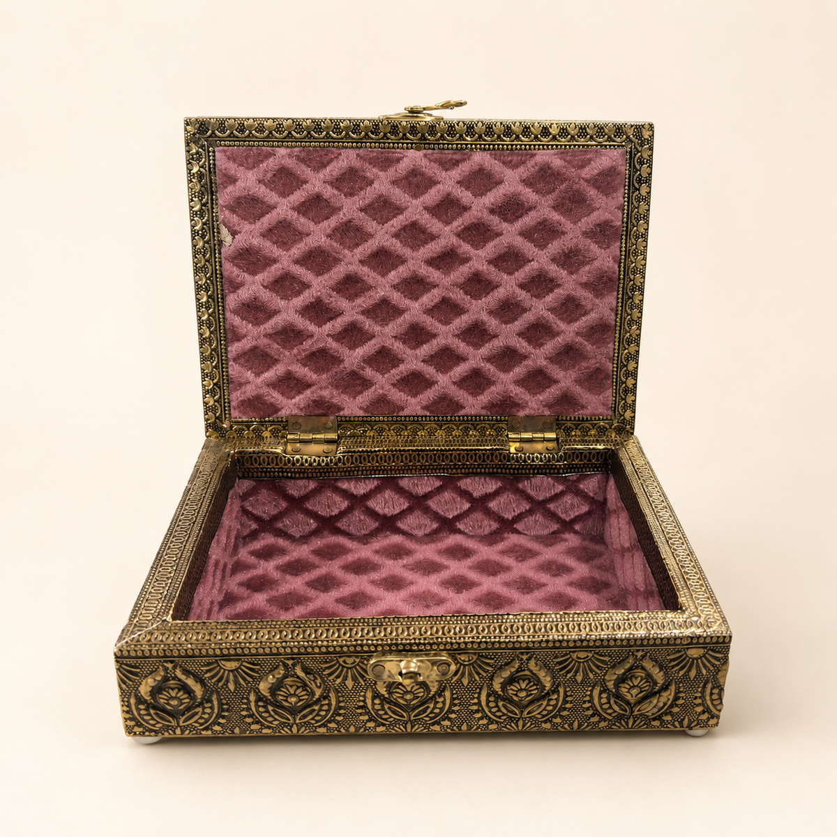Open Mayura Bloom jewellery box showing its rose coloured patterned interior and front clasp