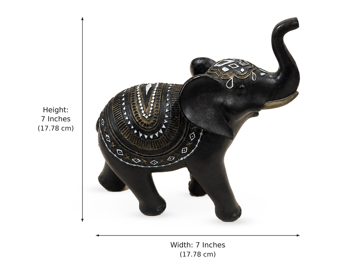 Black elephant figurine dimensions: height 7 inches and width 7 inches, 17.78 centimetres each